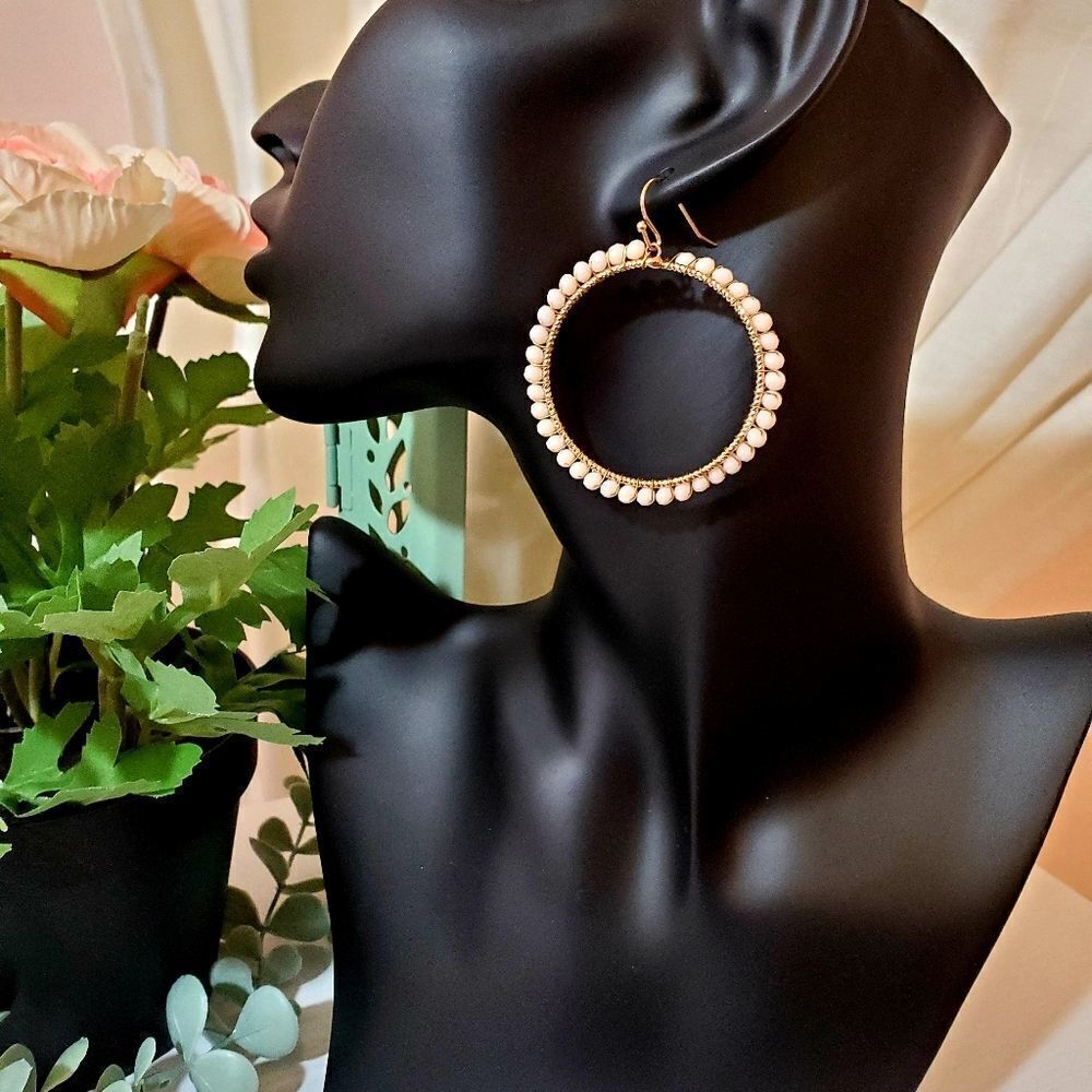 BEIGE Glass Beaded Goldtone Loop Earrings